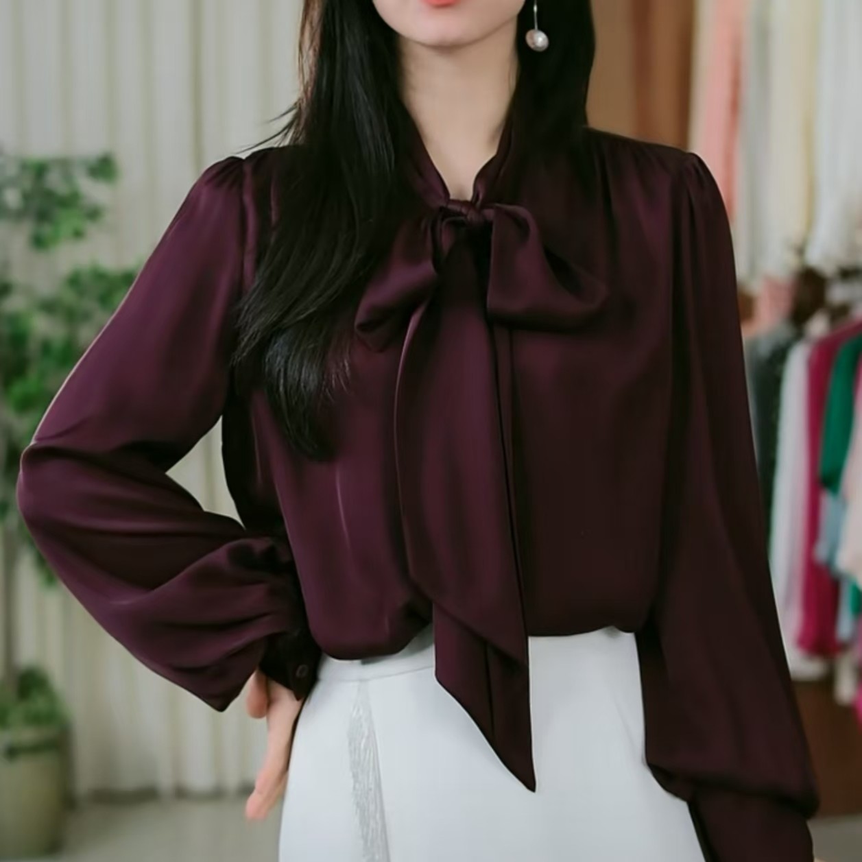 2025新款时尚女士气质高端宽松桑蚕丝紫檀色飘带衬衫上衣HL-7989