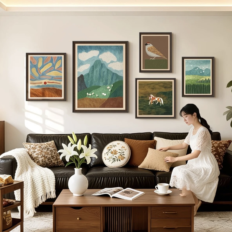 法式背有靠山五联画客厅装饰画沙发背景墙高级感组合壁画XP4