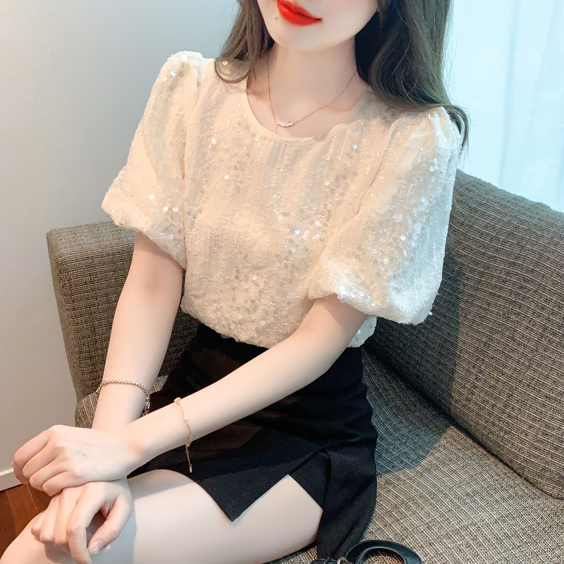 高级感亮片短袖雪纺上衣女士衬衫夏季2025新款设计感小众法式衬衣