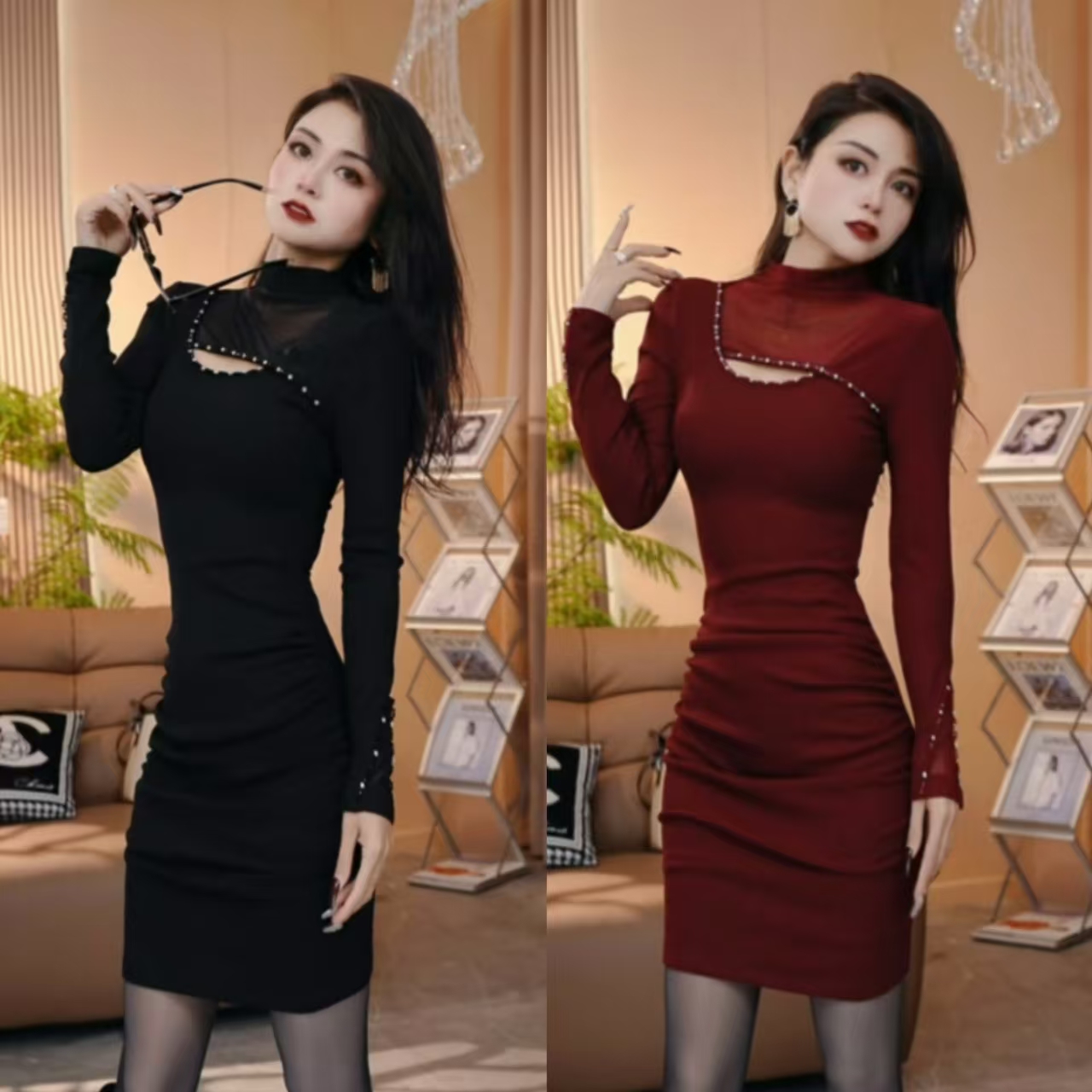 2025年时尚气质百搭显瘦遮肉减龄重工钻拼接网纱长袖连衣裙110