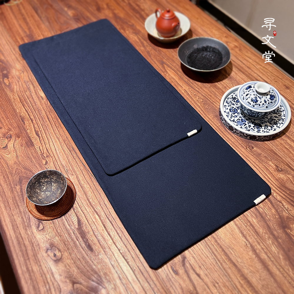 寻文堂  蓝色手工干泡茶席素色侘寂桌布茶桌搭配日式棉复古茶布