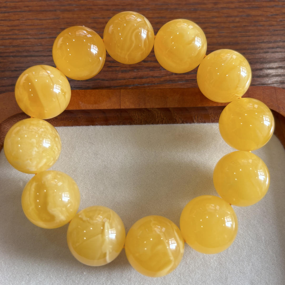 天然蜜蜡鸡油黄浓蜡圆珠卡19+mm重量51.3克俄料全品