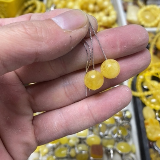 蜜蜡裸石银S925镶嵌耳坠