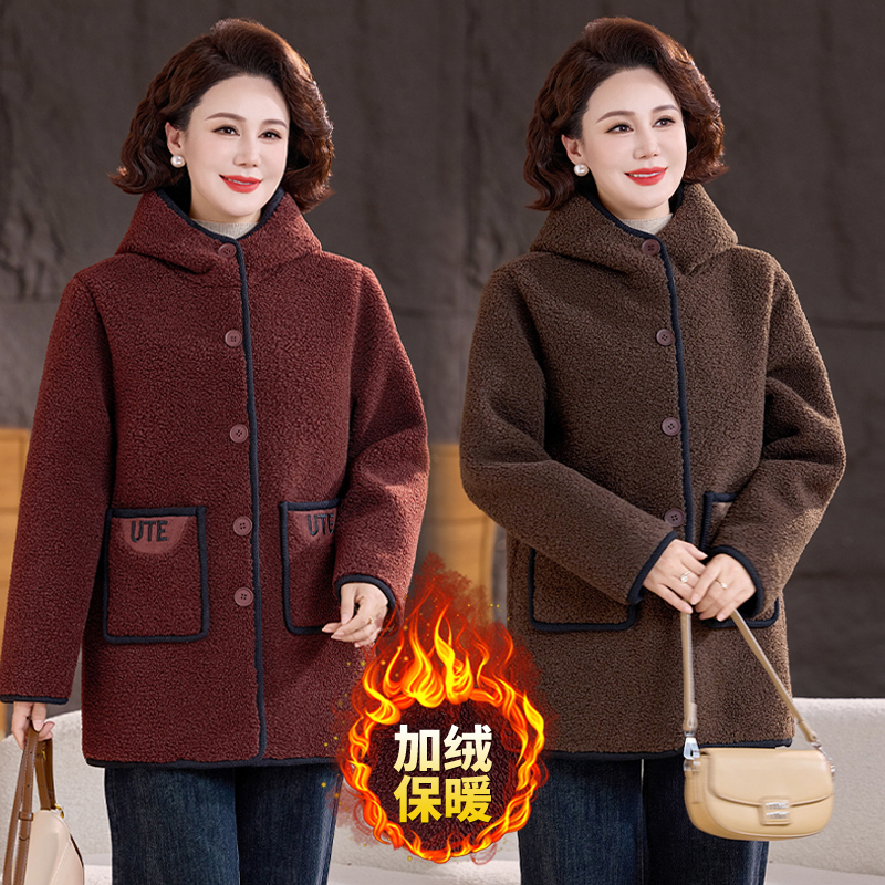 中老年女装冬季新款连帽颗粒绒外套加绒加厚棉衣休闲妈妈保暖棉服