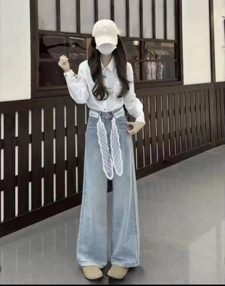 [现货+运费险]2025早秋新款冰川蓝韩版高腰阔腿直筒牛仔裤女