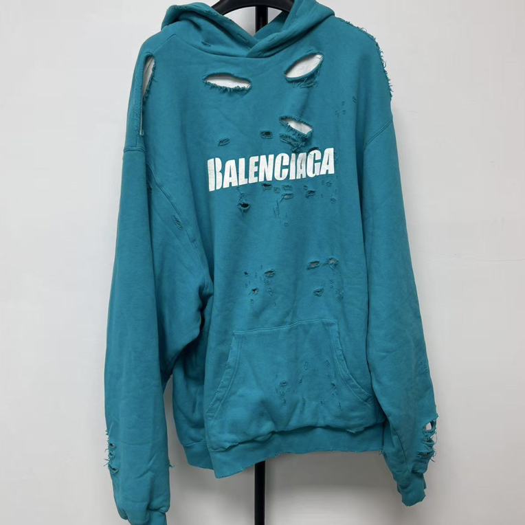 未使用 Balenciaga/巴黎世家 字母印花破洞连帽卫衣 03027