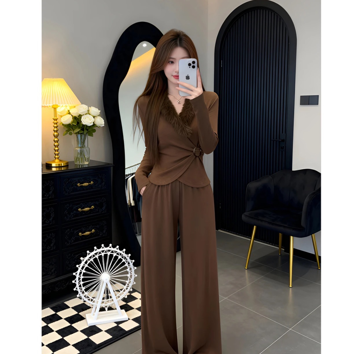 （羞羞大码）秋冬时尚毛毛V领收腰上衣直筒长裤显瘦套装