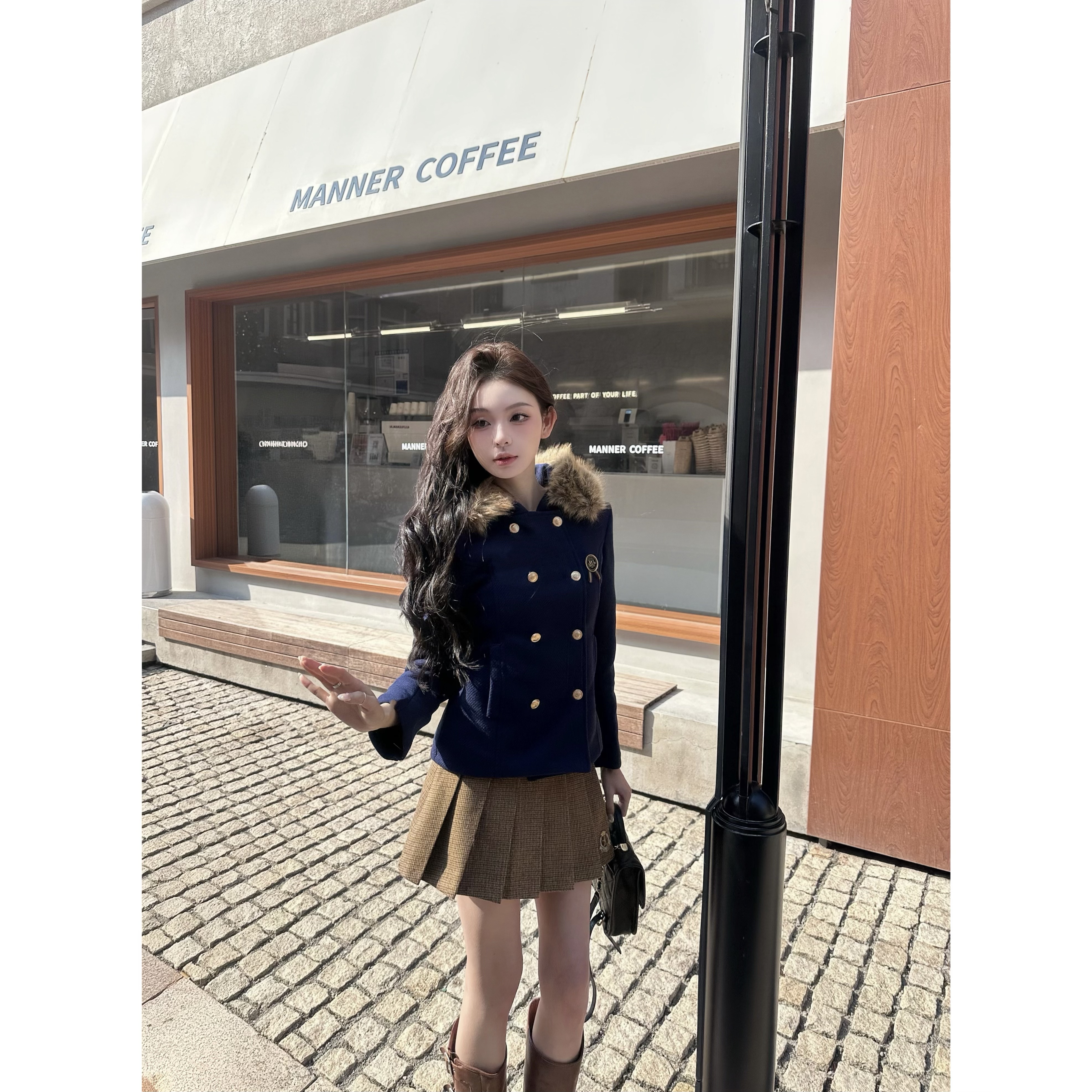 【冬装上新】冬季气质优雅氛围感毛领双排扣厚款拼色女套装