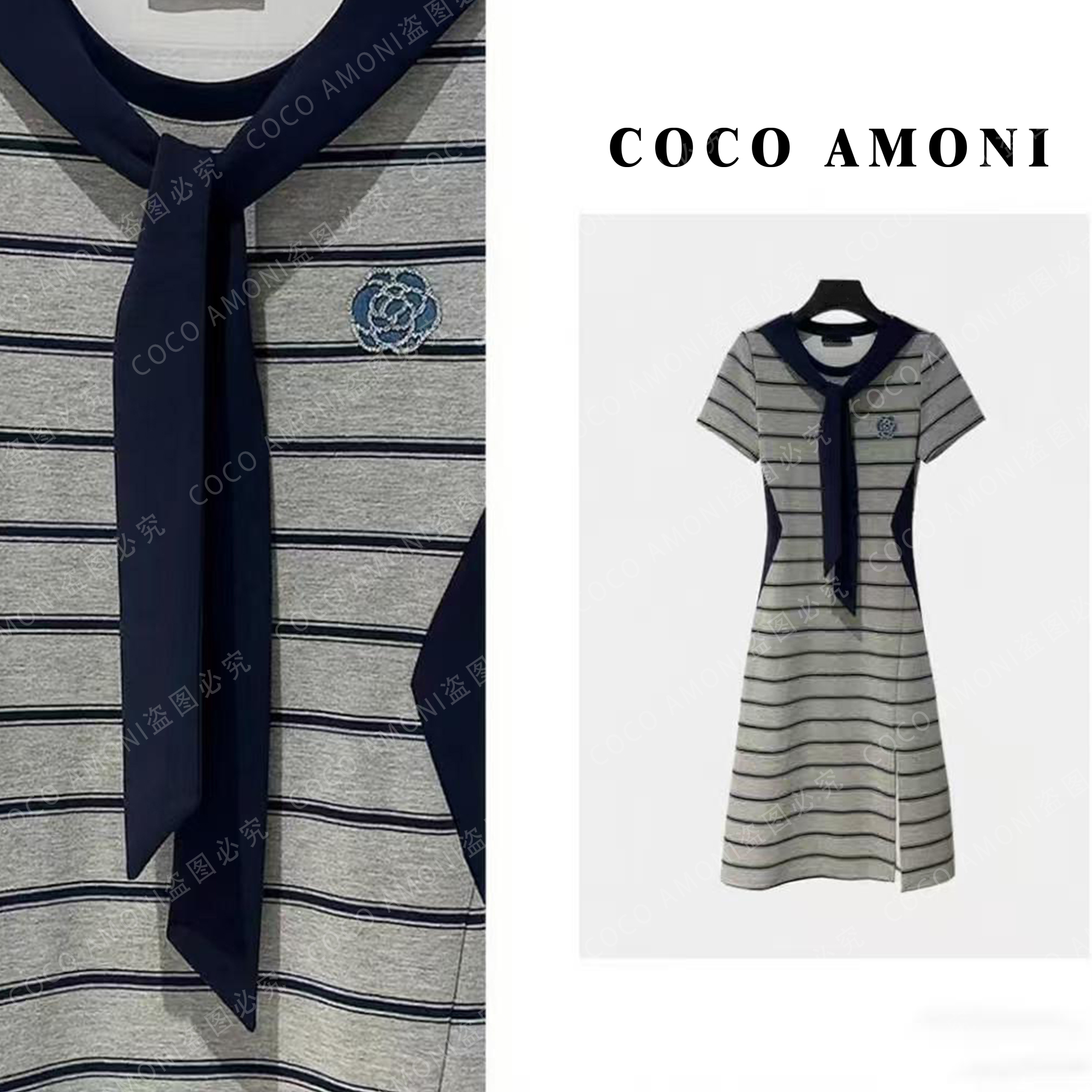 新款山茶花V领圆领短袖高腰女装常规A字裙休闲商务连衣裙AC770