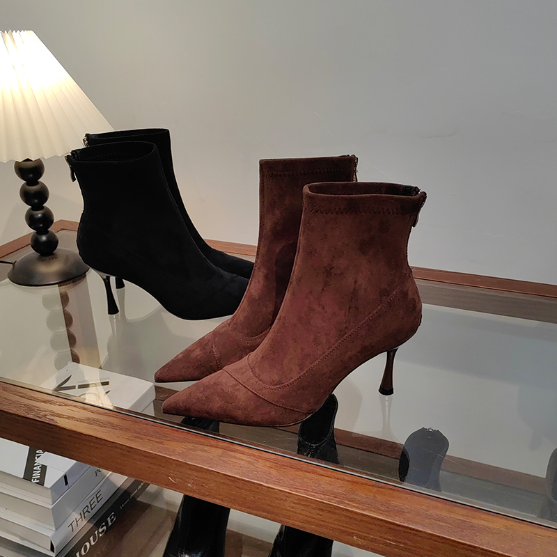 细跟高跟时装靴女2025新款冬季黑色加绒尖头短靴厚拉链百搭瘦瘦靴