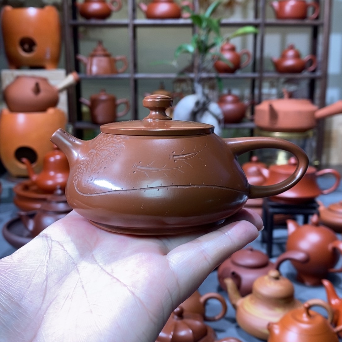 紫砂茶壶吴翰石矿朱泥刻绘石瓢壶120c