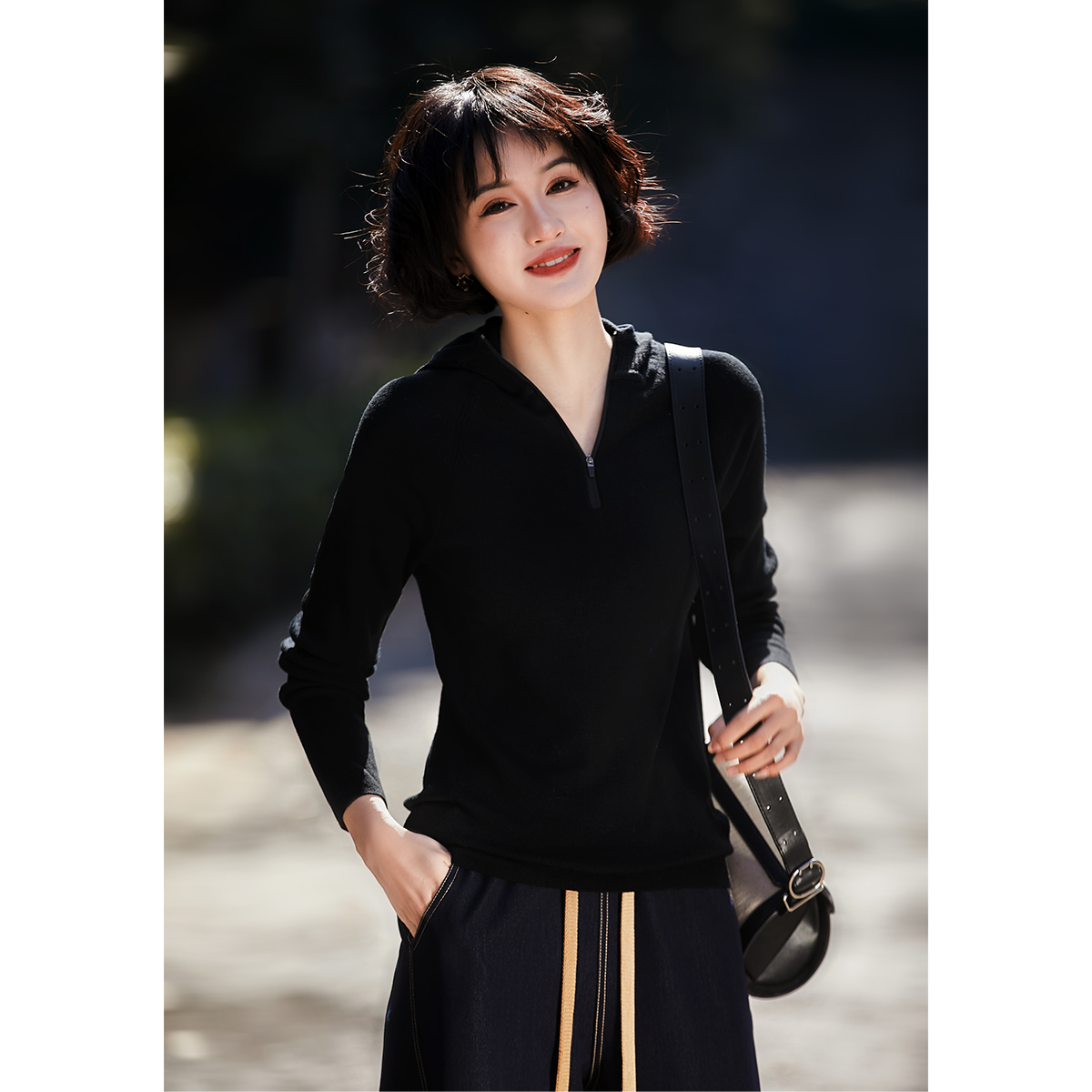 笑涵阁 2025年春季新品时尚气质显瘦连帽半开襟针织衫ZYH761621AG