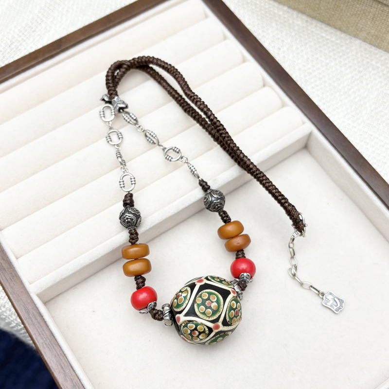 链子925银 原创设计编织饼子复古民族风女款项链毛衣链颈饰