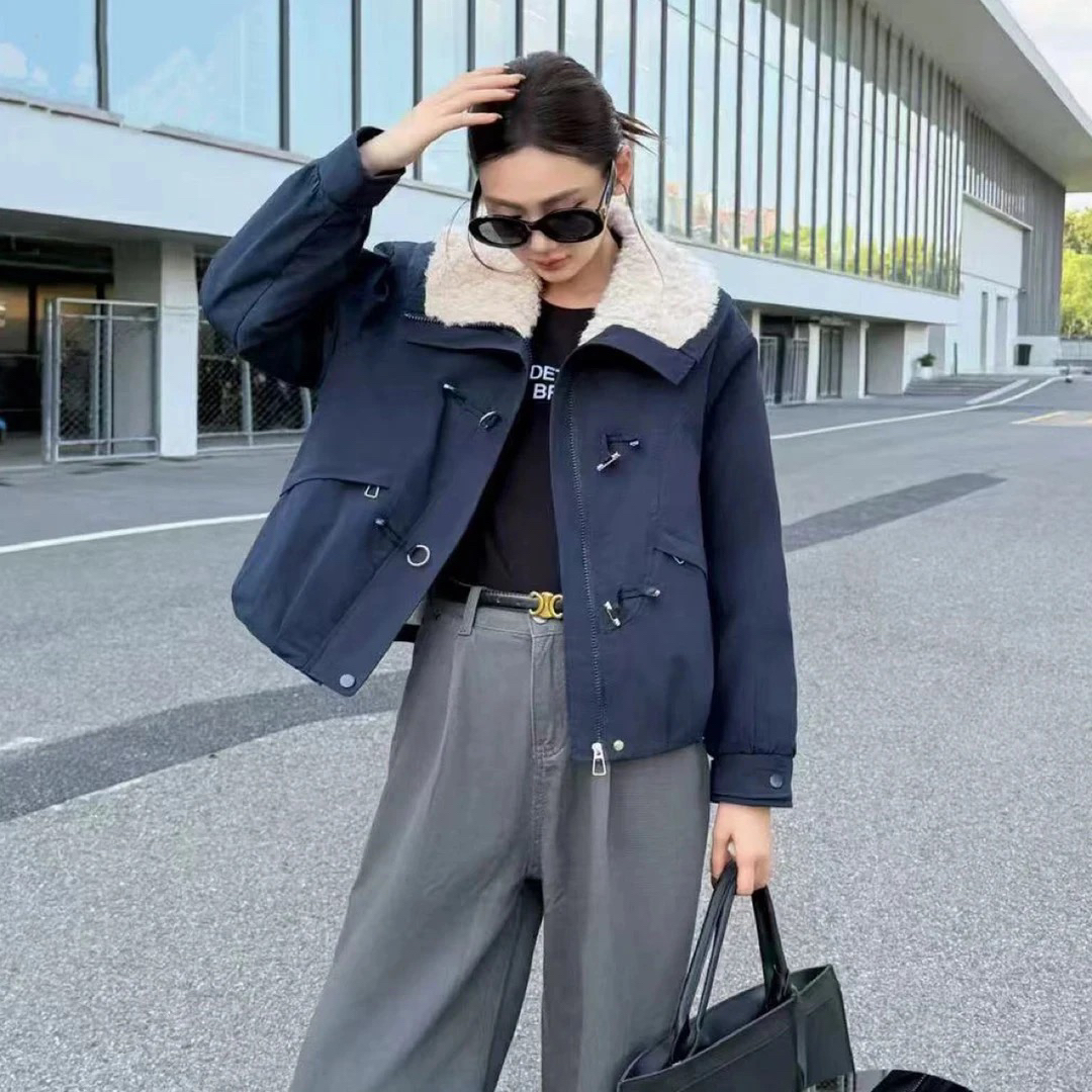 加毛加厚短外套女2025冬季新款百搭宽松娃娃领夹克