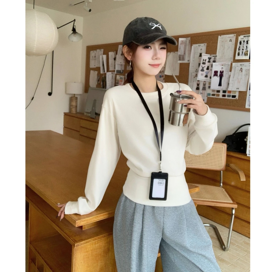 加绒加厚纯色休闲圆领长袖T恤女秋冬收腰显瘦遮肉宽松蝙蝠袖上衣