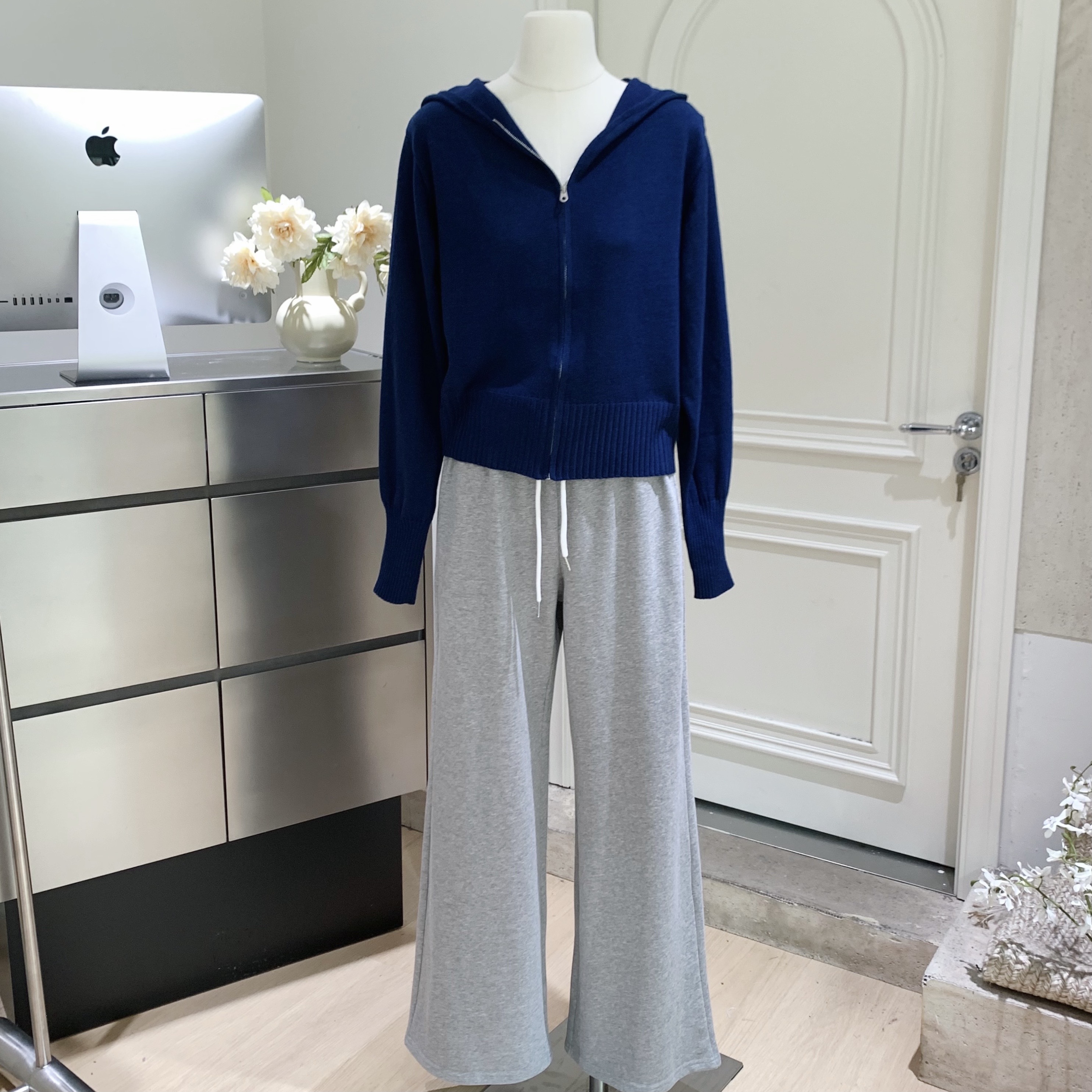 赵露思灰色直筒高腰休闲拼接腰头灰色长裤卫裤毛巾裤小个子糯米裤