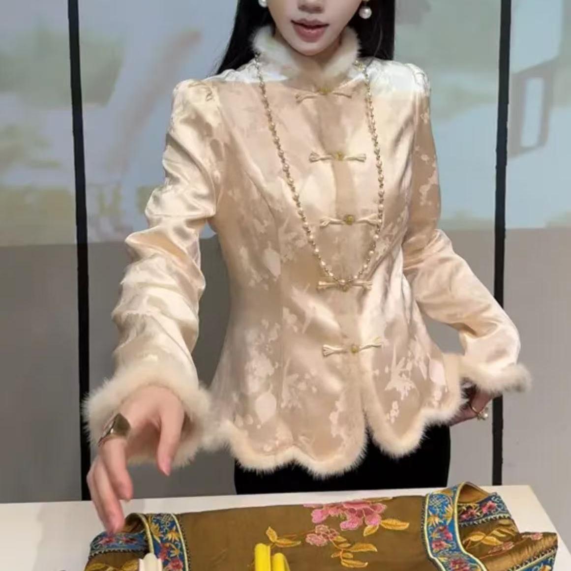 金玉繁华|新中式休闲百搭水貂毛国风上衣2024D7274-芙姿FZ-小白