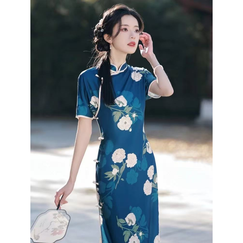 9018 宝蓝色 月季花 七扣 旗袍