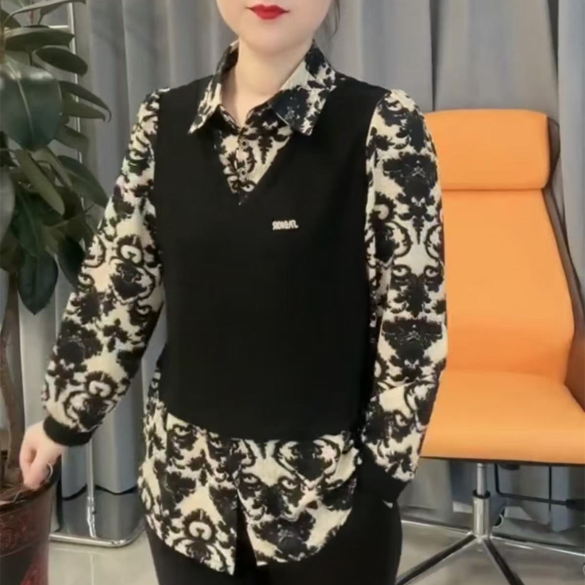 秋冬衬衣洋气衬衫拼接长袖时尚常规款欧花假两件显瘦小衫宽松百搭