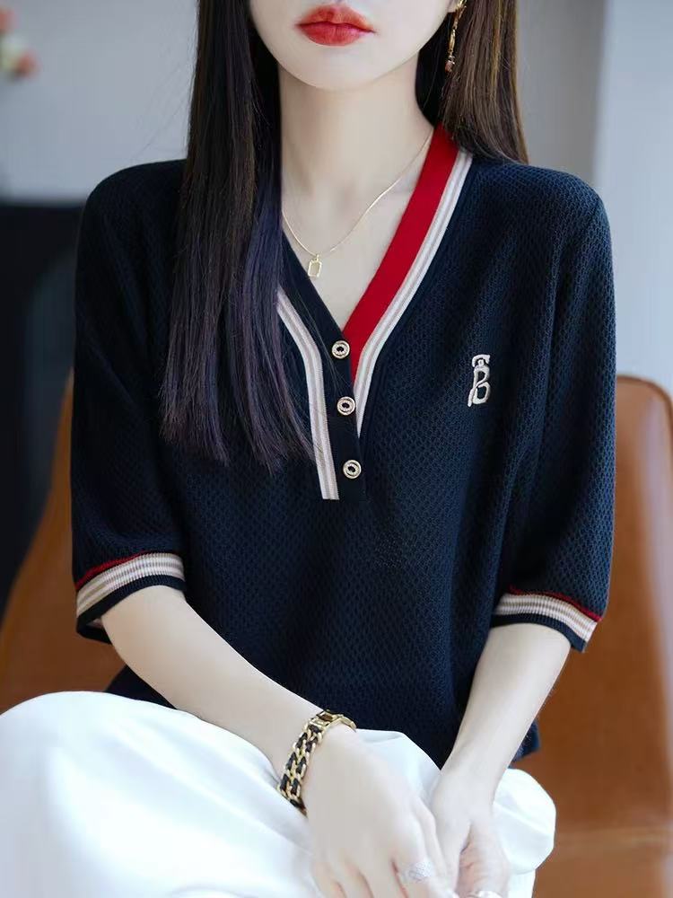 【香颂黑】夏季时尚V领精致百搭针织衫