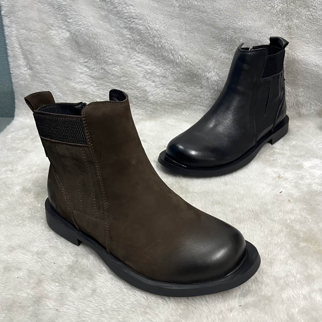 女靴侧拉链宽底牛松紧带极简风圆头学院风切尔西靴短靴冬季168803