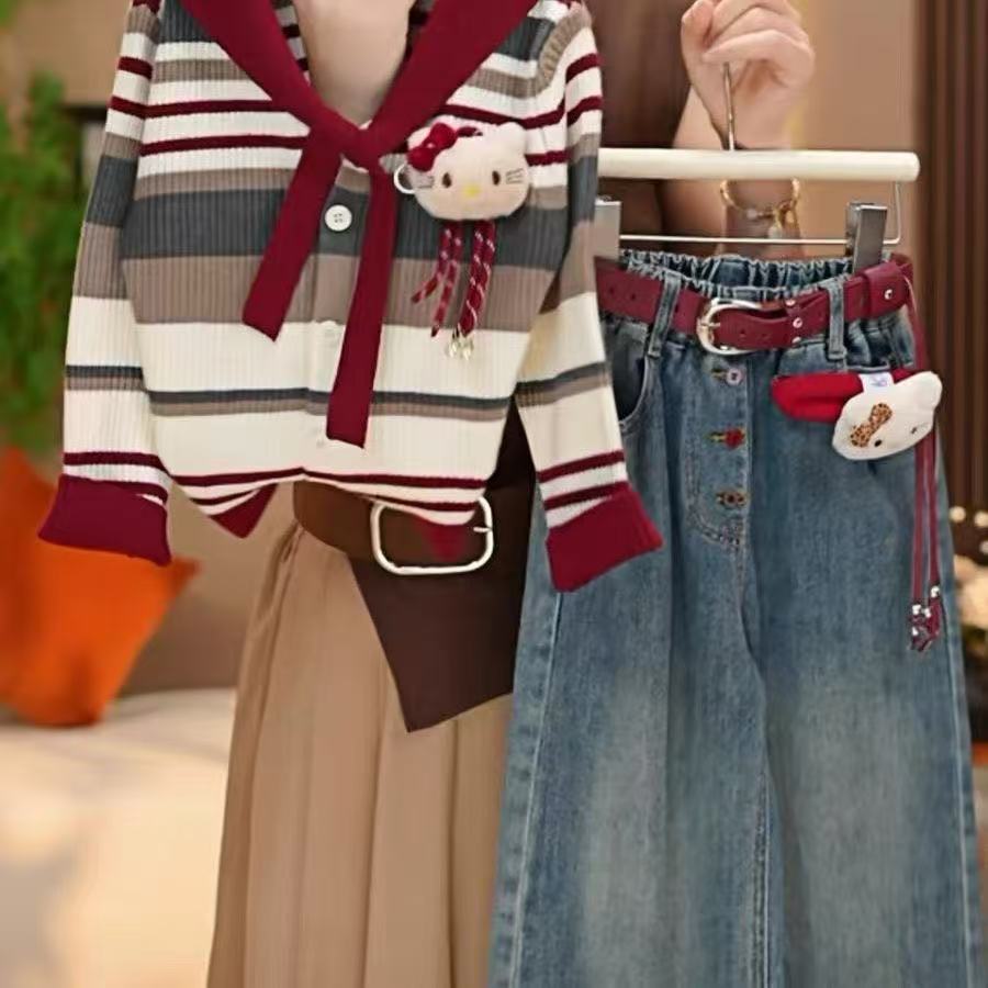 女童套装秋季2025新款洋气条纹卡通小女孩针织毛衣开衫两件套