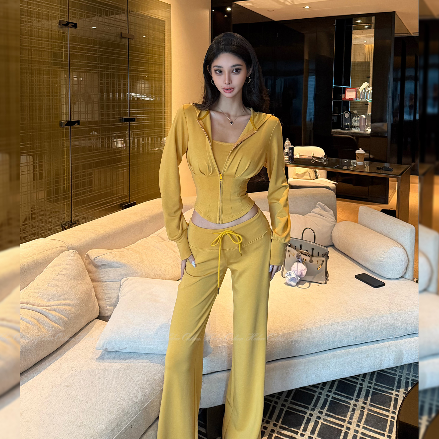 HELEN"莱赛尔磨毛"黑科技锁温保暖三件套收腰抹胸帽衫抽绳裤T247