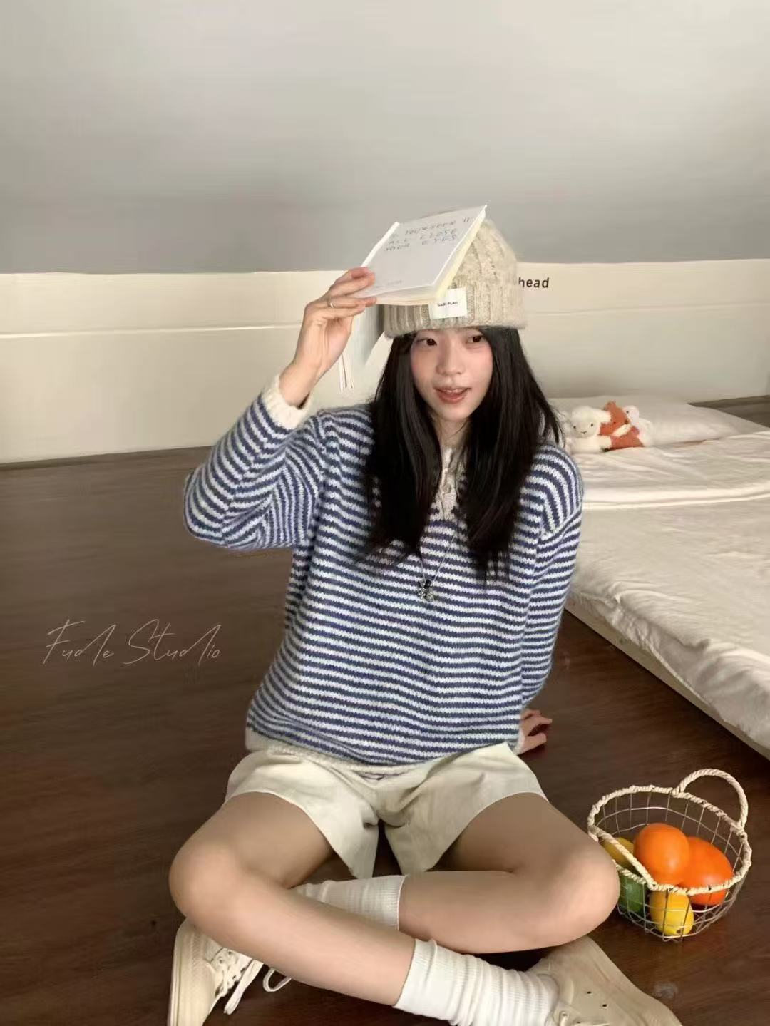  韩系条纹拼色插肩袖毛衣女秋冬百搭打底慵懒风宽松圆领套头线衫