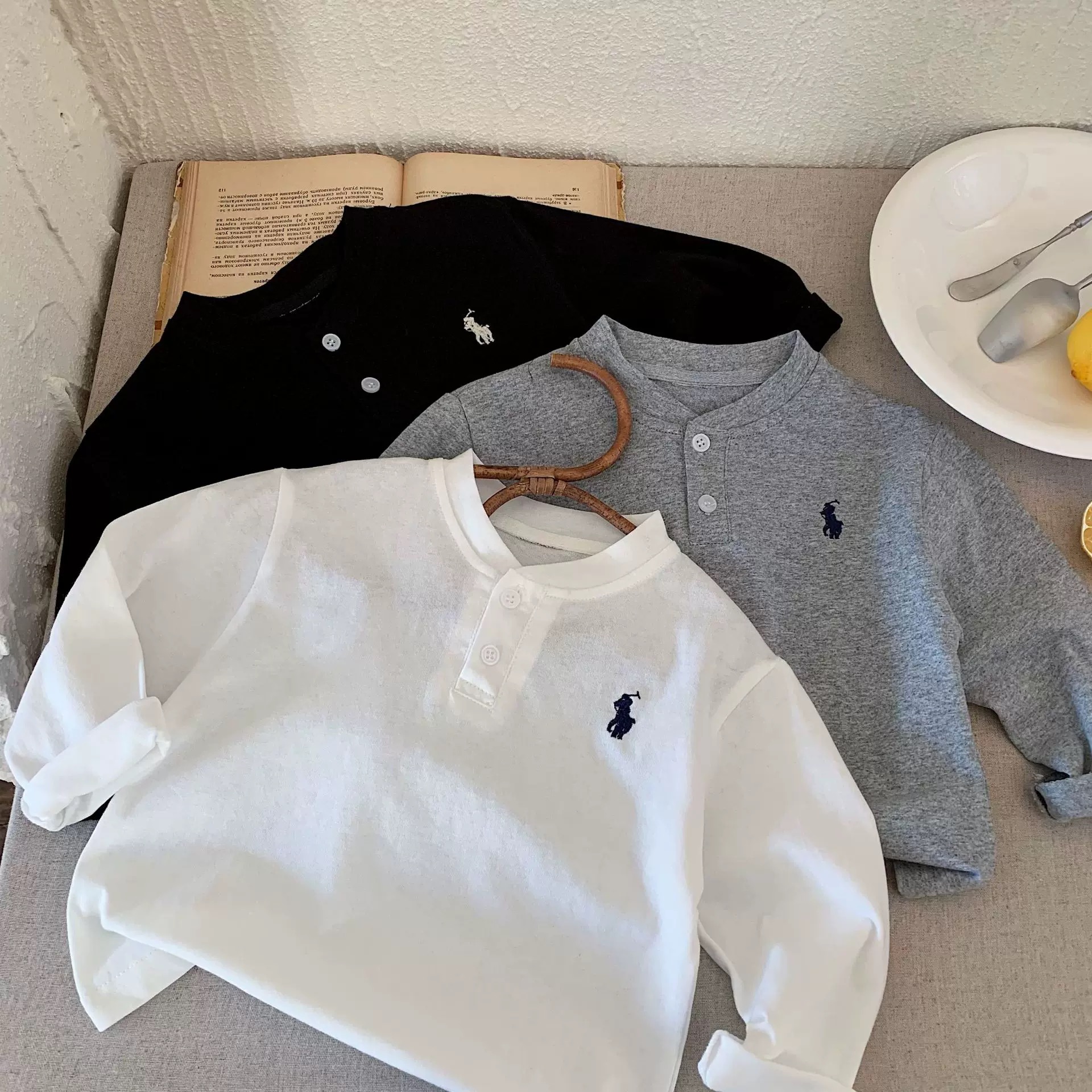 2025春季男宝立领Polo刺绣V领休闲百搭上衣长袖T恤