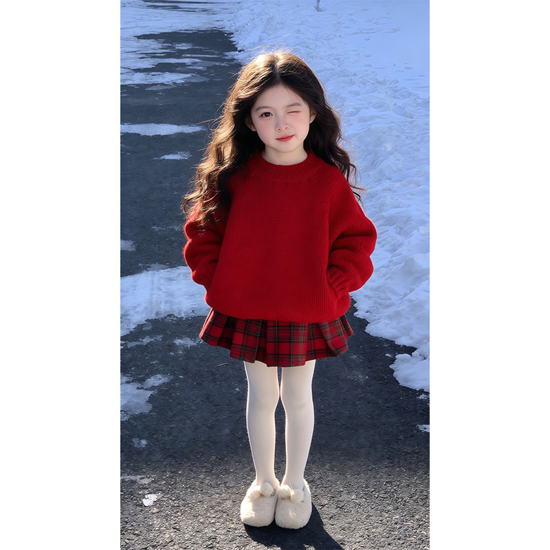 女童冬季圣诞新年节日红色毛衣针织上衣+格纹百褶裙套装宝宝洋气