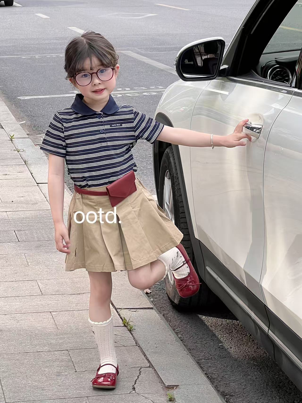OOTD-754-755-儿童时尚洋气百搭条纹短袖polo衫+短裙套装（夏款）