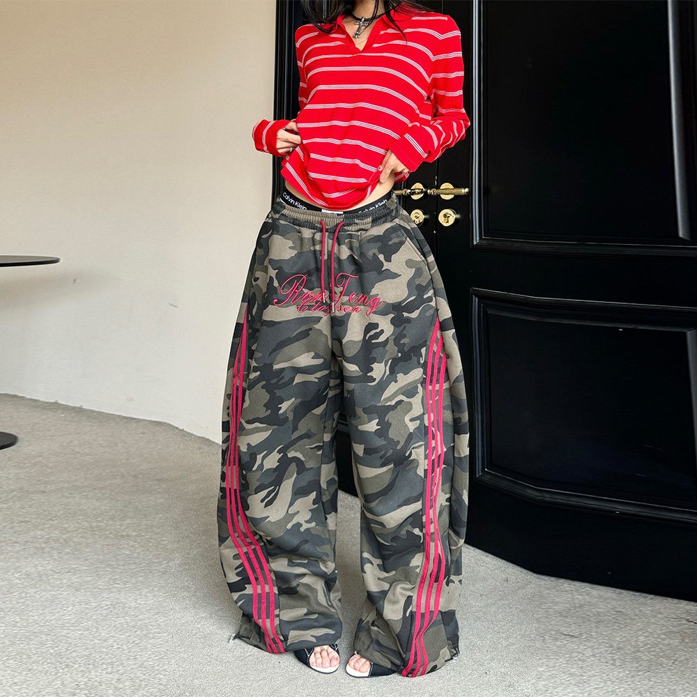 Y-C美式复古辣妹嘻哈街舞迷彩拼接条纹裤宽松阔腿裤拖地