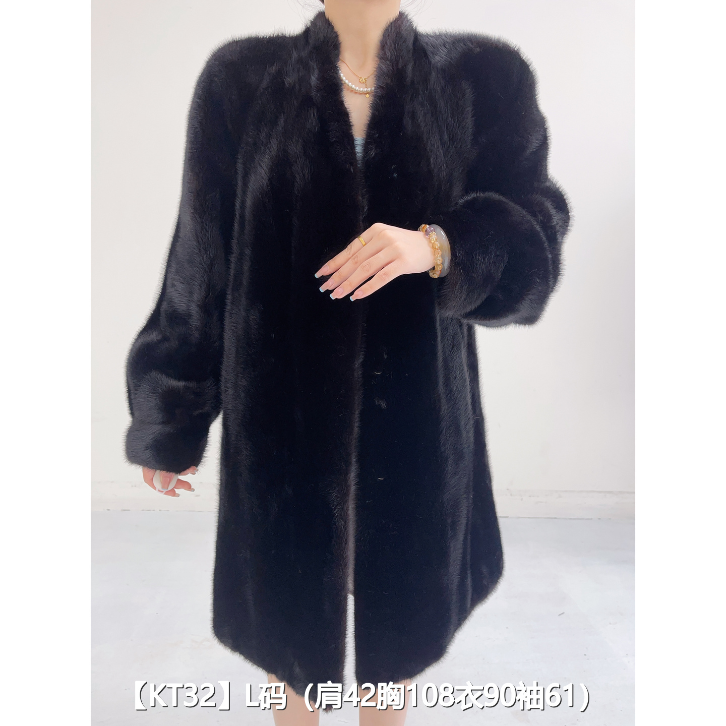 【KT32】L 红黑色长款逆毛貂皮大衣外套女 V领泡泡袖 42032