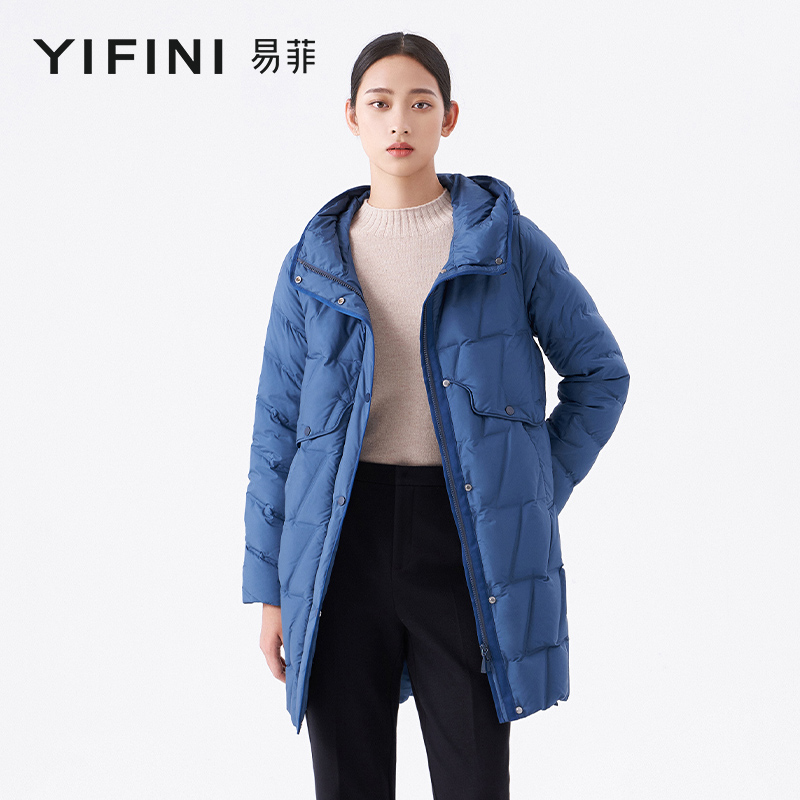 【Yifini】专柜同款天空蓝白鹅绒保暖宽松中长款羽绒服B11E1401