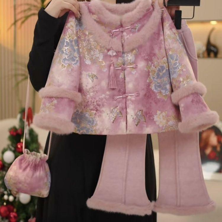 女童冬装汉服套装2024新款儿童加绒洋气小女孩唐装中国风拜年服潮