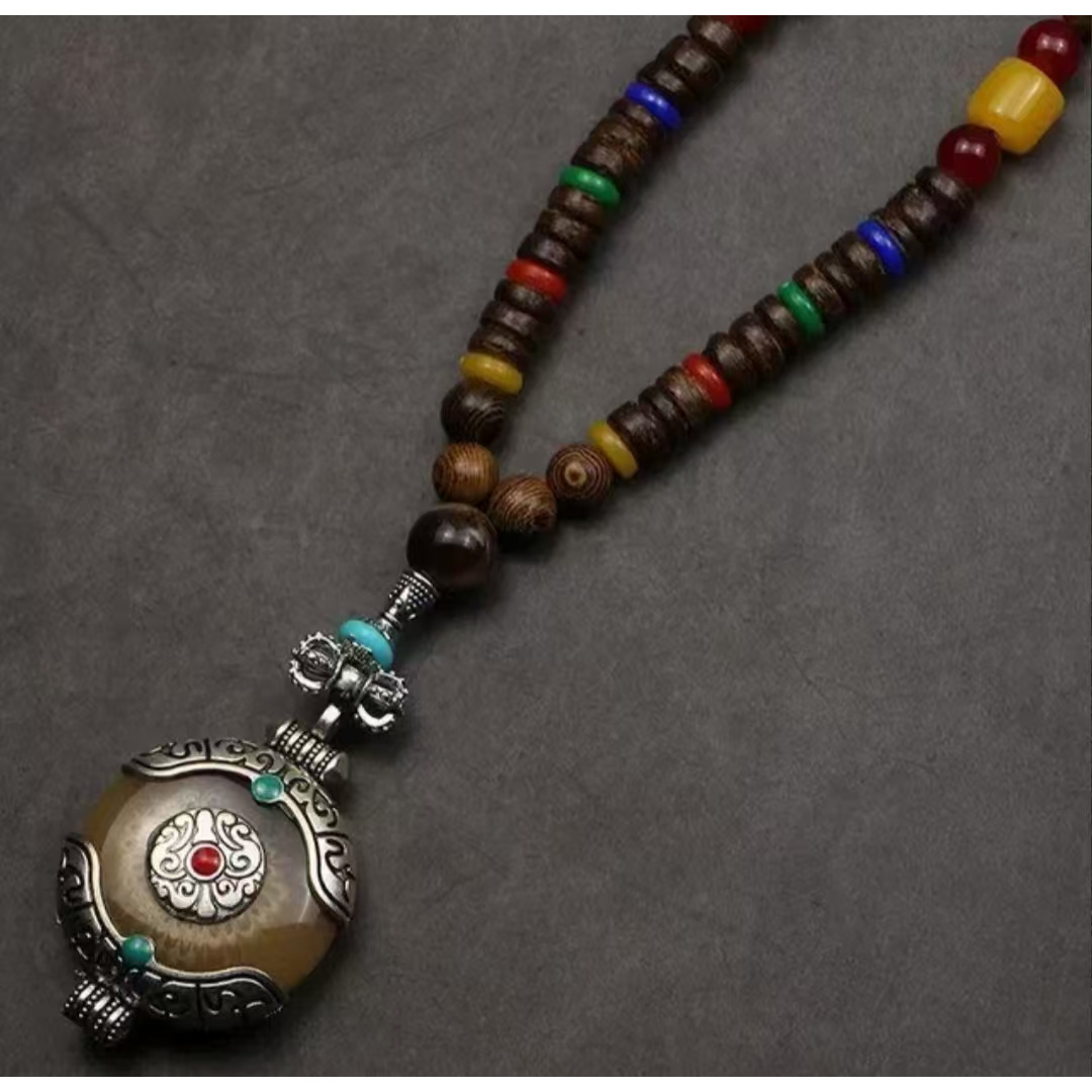 手链 鸡翅木6mm项链+仿牛角尼泊尔圆形吊坠S1347