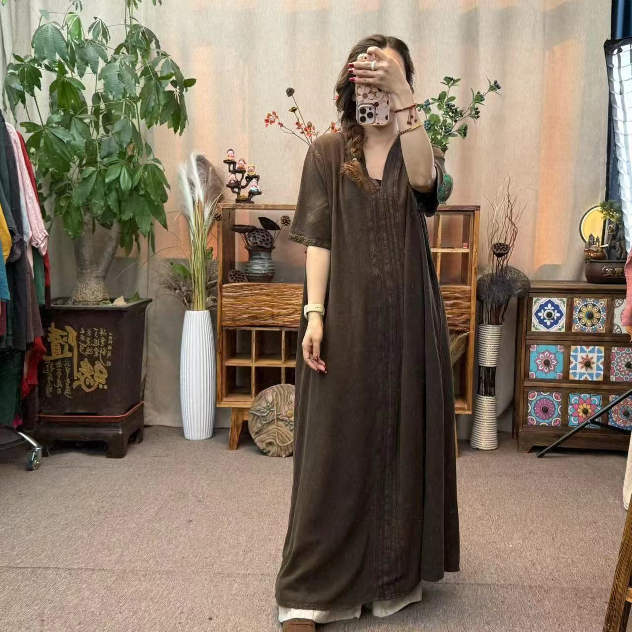 花璟与麻原创设计复古炒色长款短袖V领连衣袍裙（衣长120胸围132）