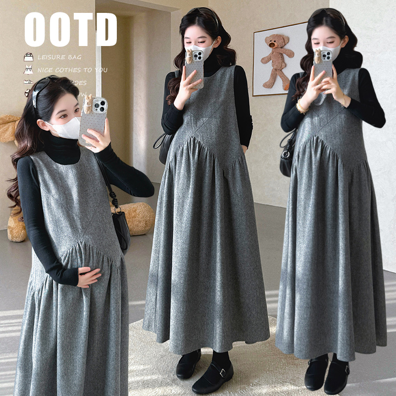 孕妇连衣裙2025新款秋冬套装气质过膝长款背心裙显瘦遮孕肚两件套