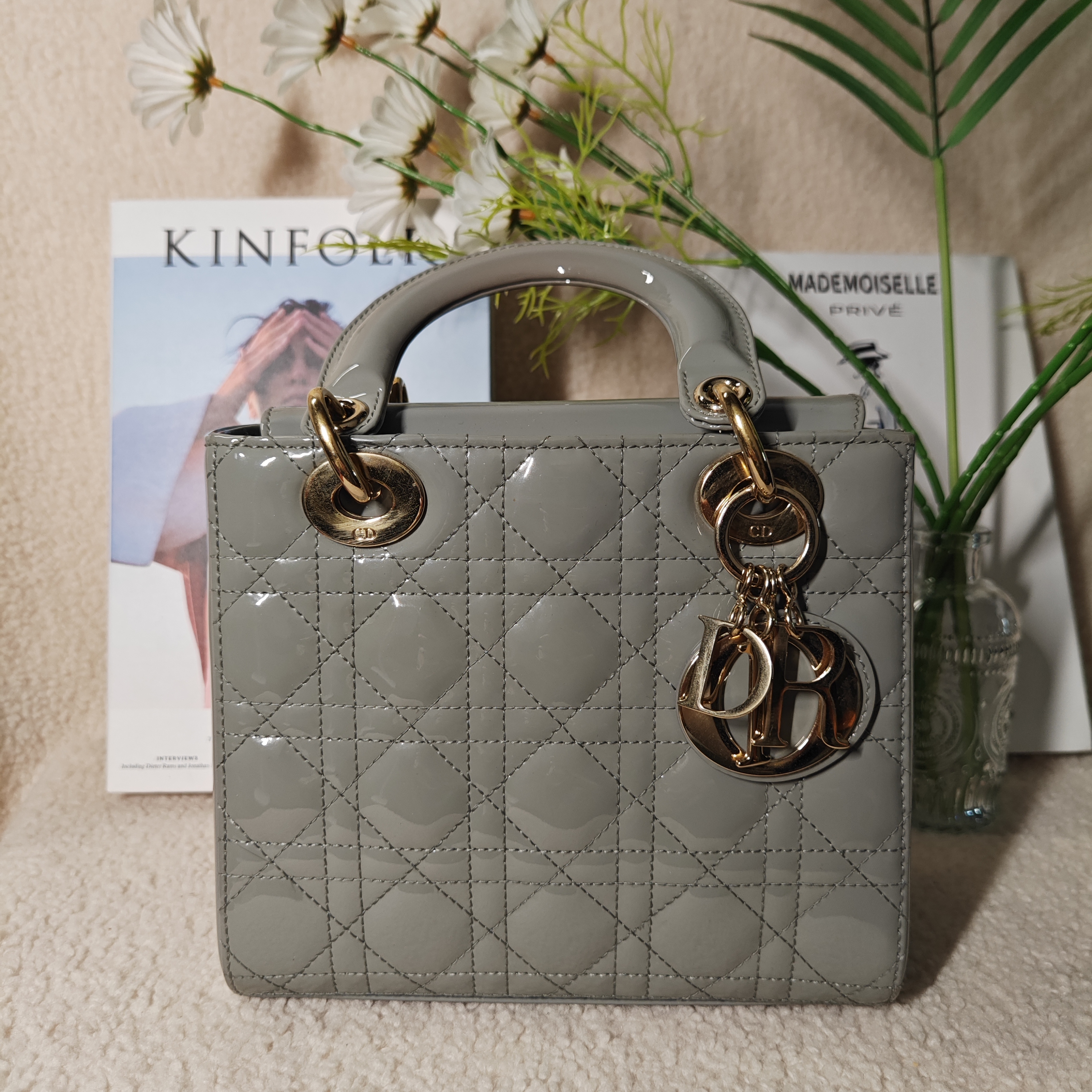 95新 DIOR/迪奥 灰色漆皮五格戴妃 斜挎包 95新