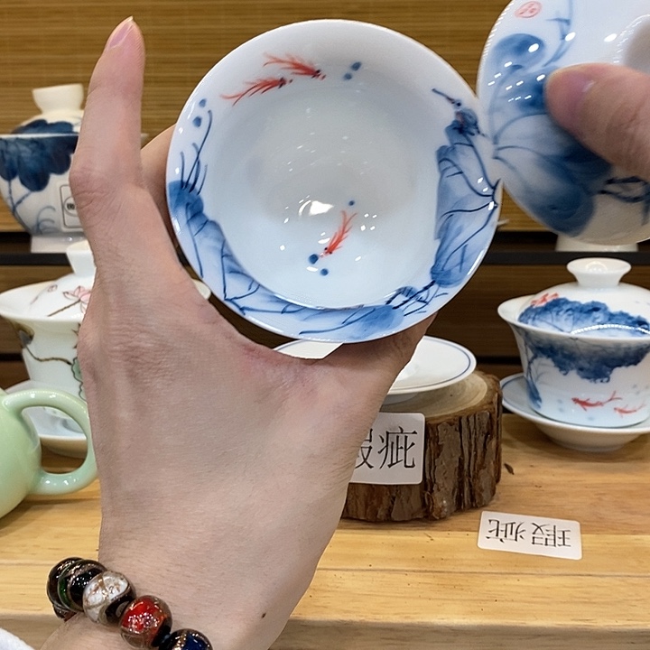 手绘内外绘荷花盖碗160cc釉下彩微瑕福利款