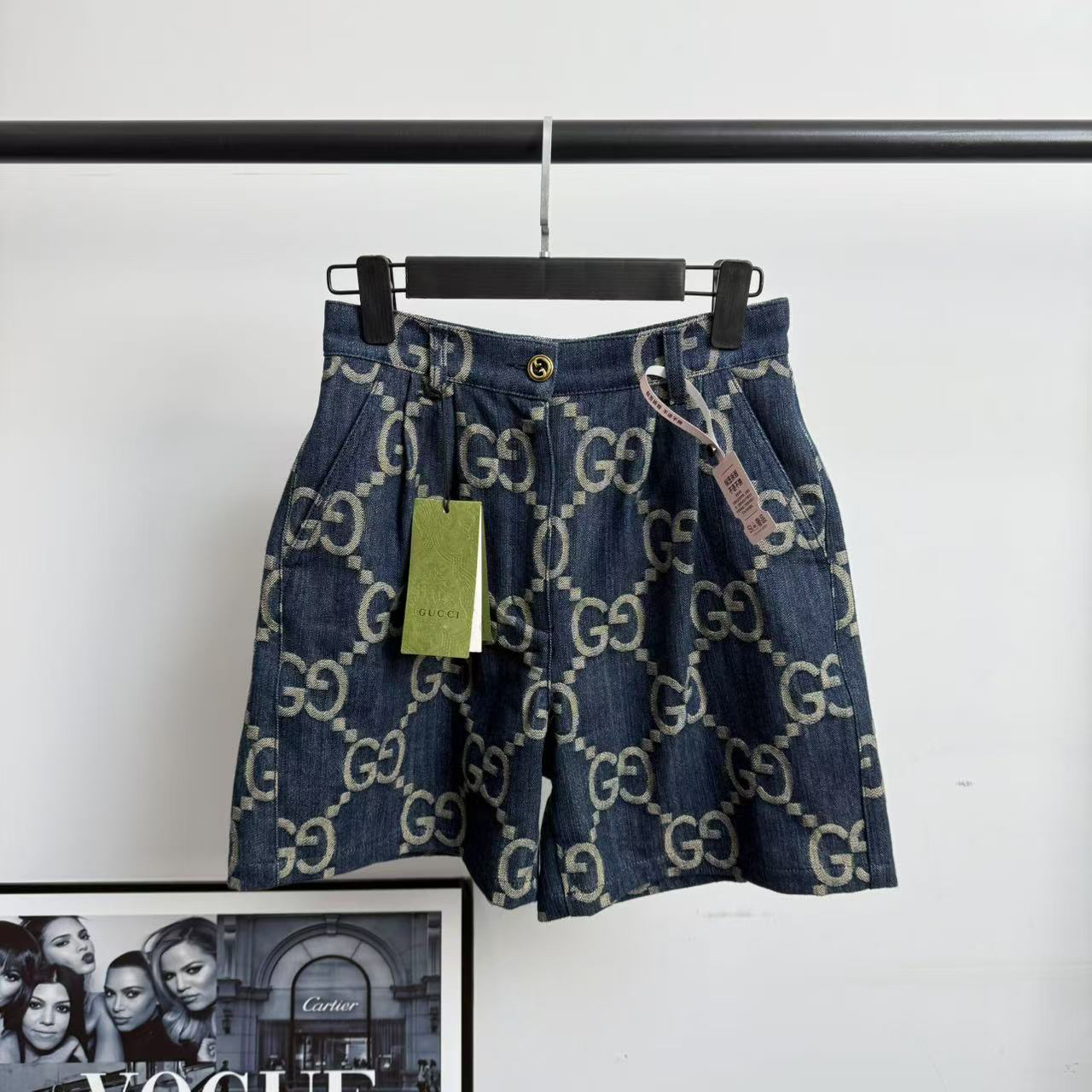 未使用 GUCCI/古驰 蓝色满印花双G牛仔短裤/38