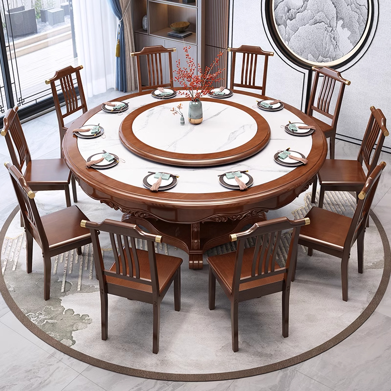 新款新中式岩板餐桌椅组合家用实木圆形带转盘饭桌酒店10人大圆桌