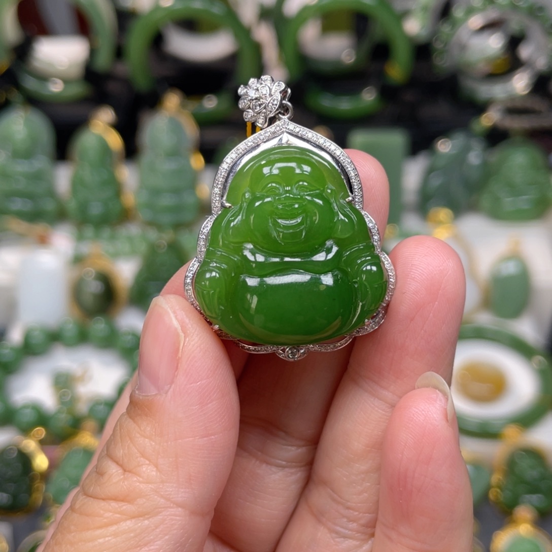 有***好和田玉（碧玉）18K金镶嵌吊坠(不含链)