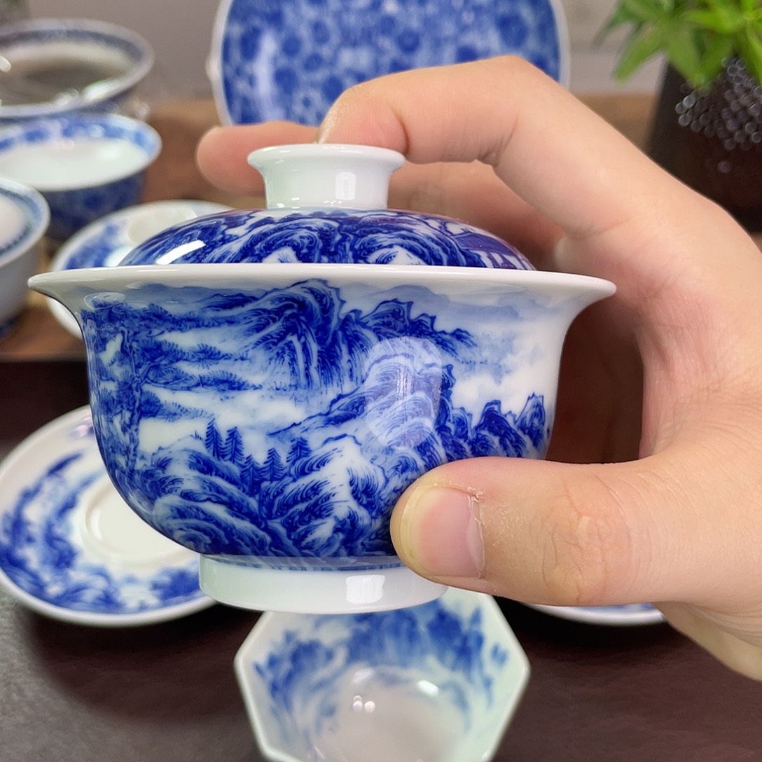 纯手工手绘重工山水盖碗