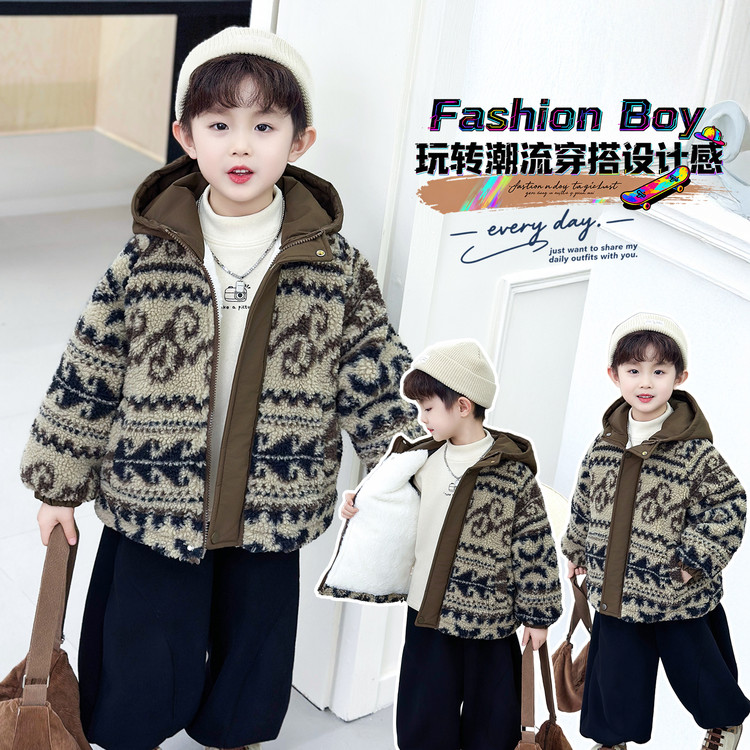 儿童棉服男童加绒毛毛衣外套冬装2025新款时髦小男孩加厚连帽棉衣