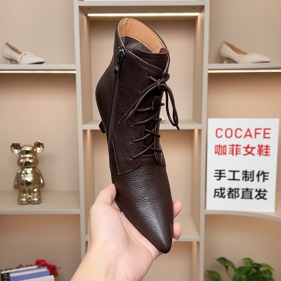 羊皮/跟高5CM/秋冬法式气质百搭尖头侧拉链百搭真皮前系带短靴