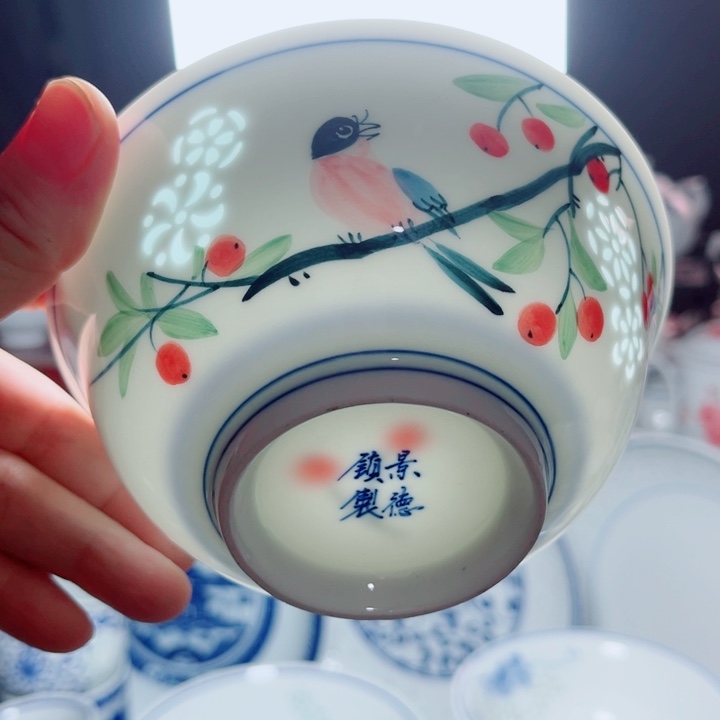 青花玲珑5寸饭碗花鸟手绘