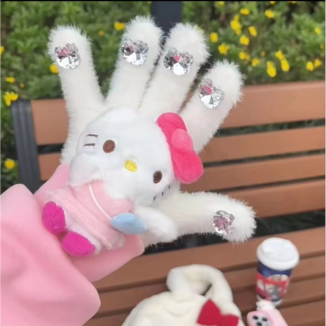带钻原创凯蒂猫手套冬季保暖水貂毛可爱骑行五指手套日系可爱猫