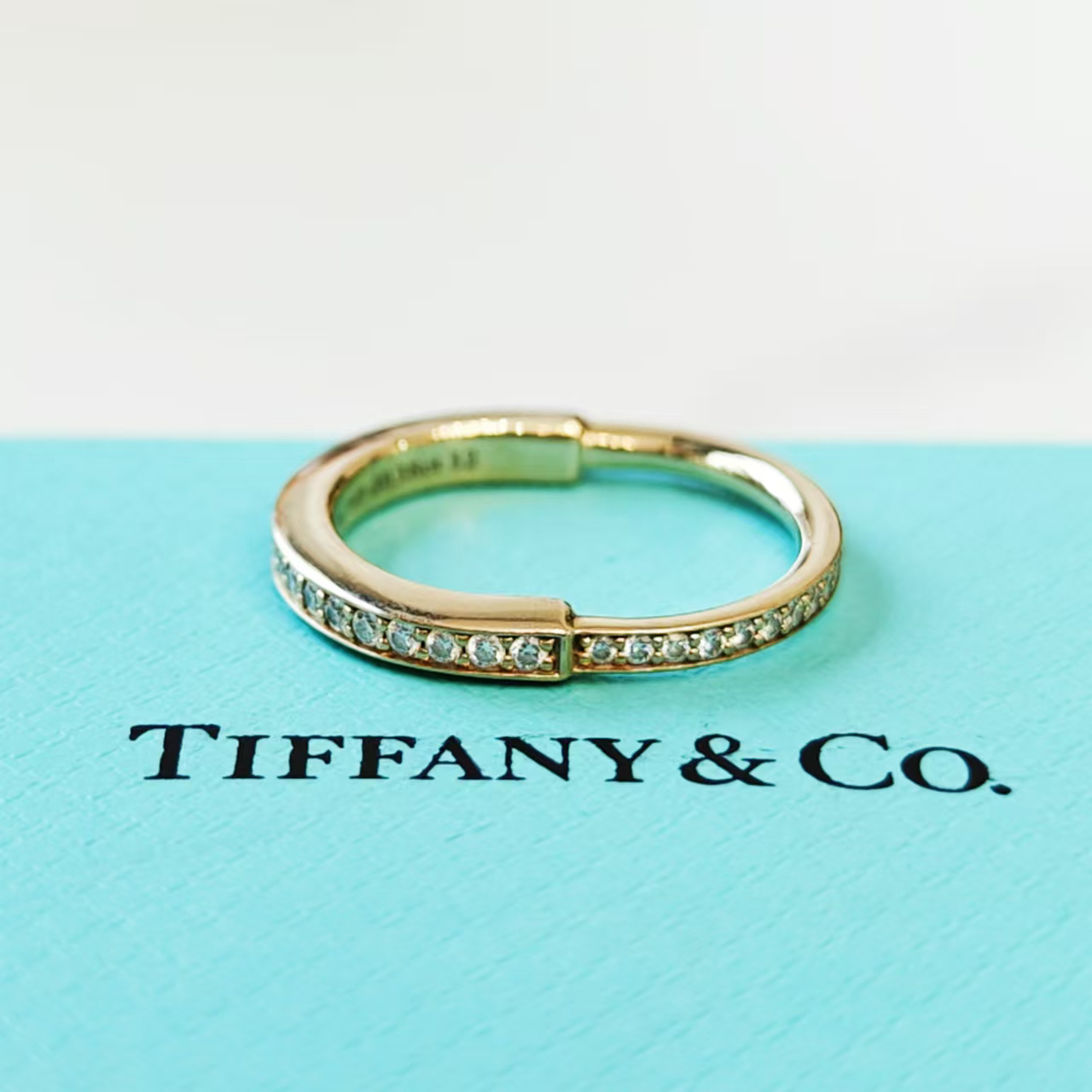 99新 Tiffany & Co./蒂芙尼 Lock系列 18k玫瑰金满钻戒指 53码 