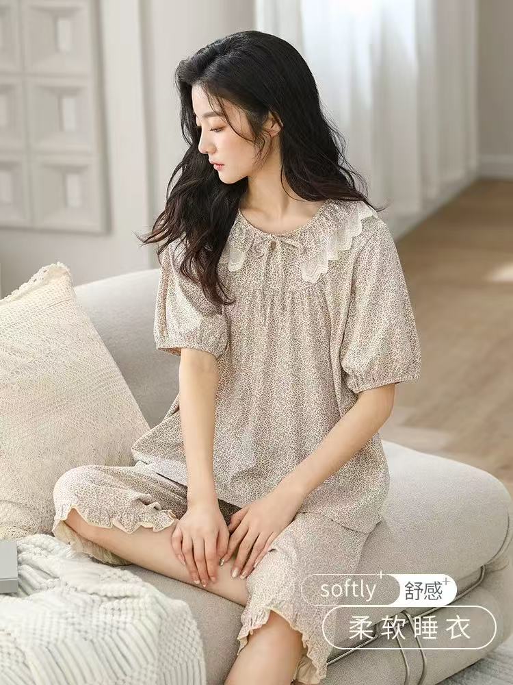 2025新款睡衣女士春夏款短袖七分裤薄款纯棉家居服全棉套装